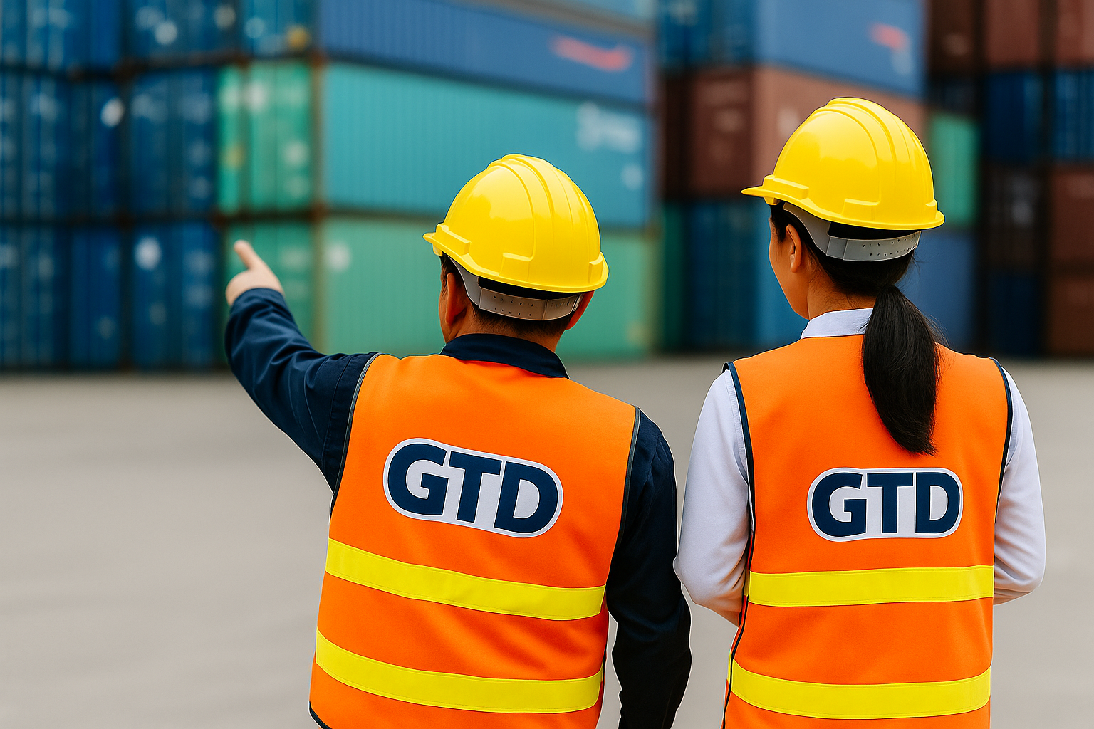 GTD logistics team coordinating in front of containers